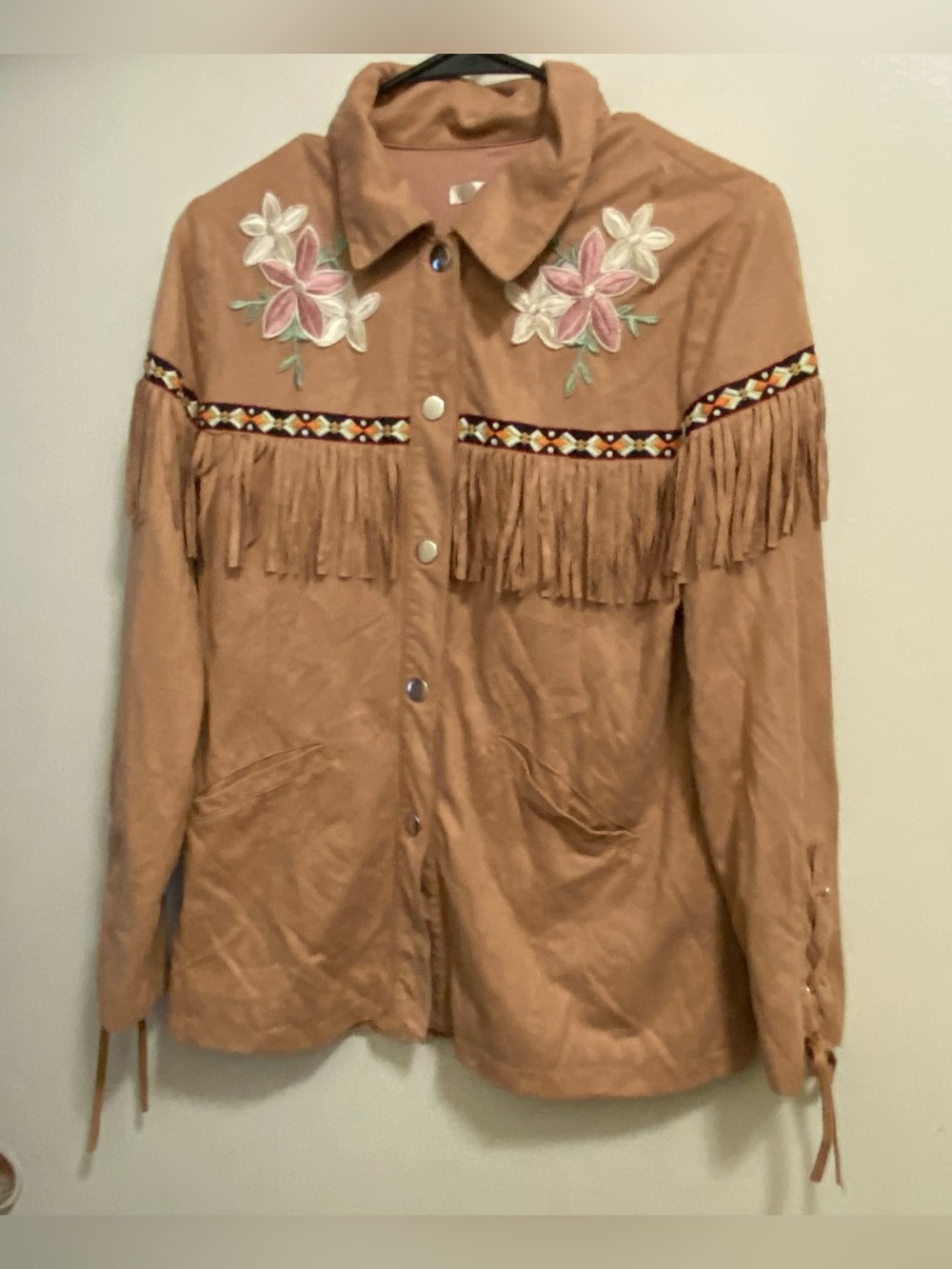 Tan Fringe Jacket with Floral Embroidery